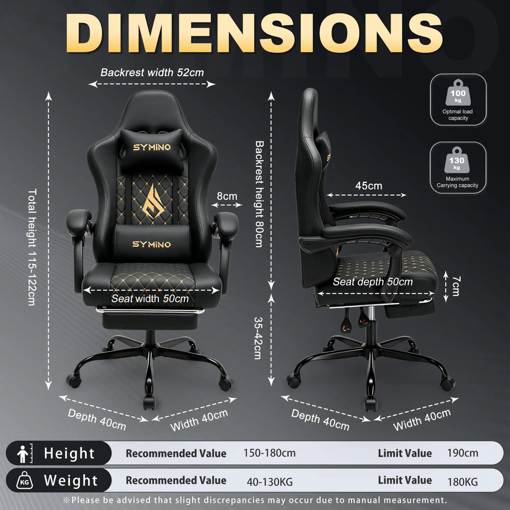 Symino Ergonomic Gamer Chair - PU Leather, Metal Frame, Rust-Resistant Build, Stable Metal Legs, Reclining Design, Adjustable Swivel Footrest, Rolling, Stress Relief & Relaxation for Gaming & Office Use, Gaming Chair, Swivel Base