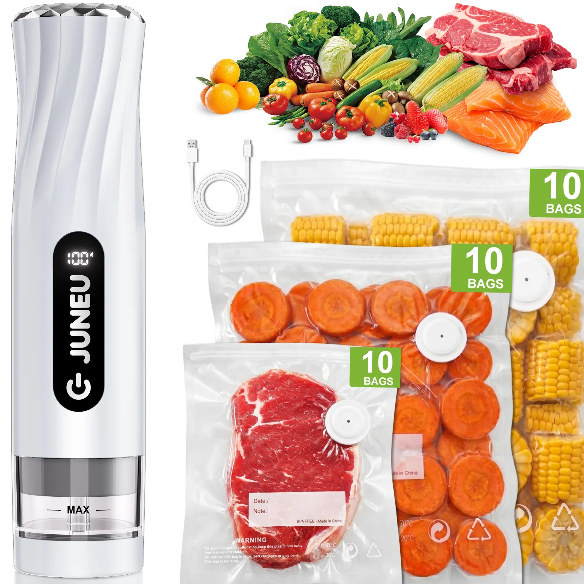 Portable Vacuum Food Sealer， Handheld Food Preserver, Includes 30 Reusable Vacuum Bags,Extended Preservation Long-Lastingfreshness.Home Kitchen Travel Portable Wireless Strong Sealing Set, Mobile Food Sealerdurable. Sealer Automatic Storage