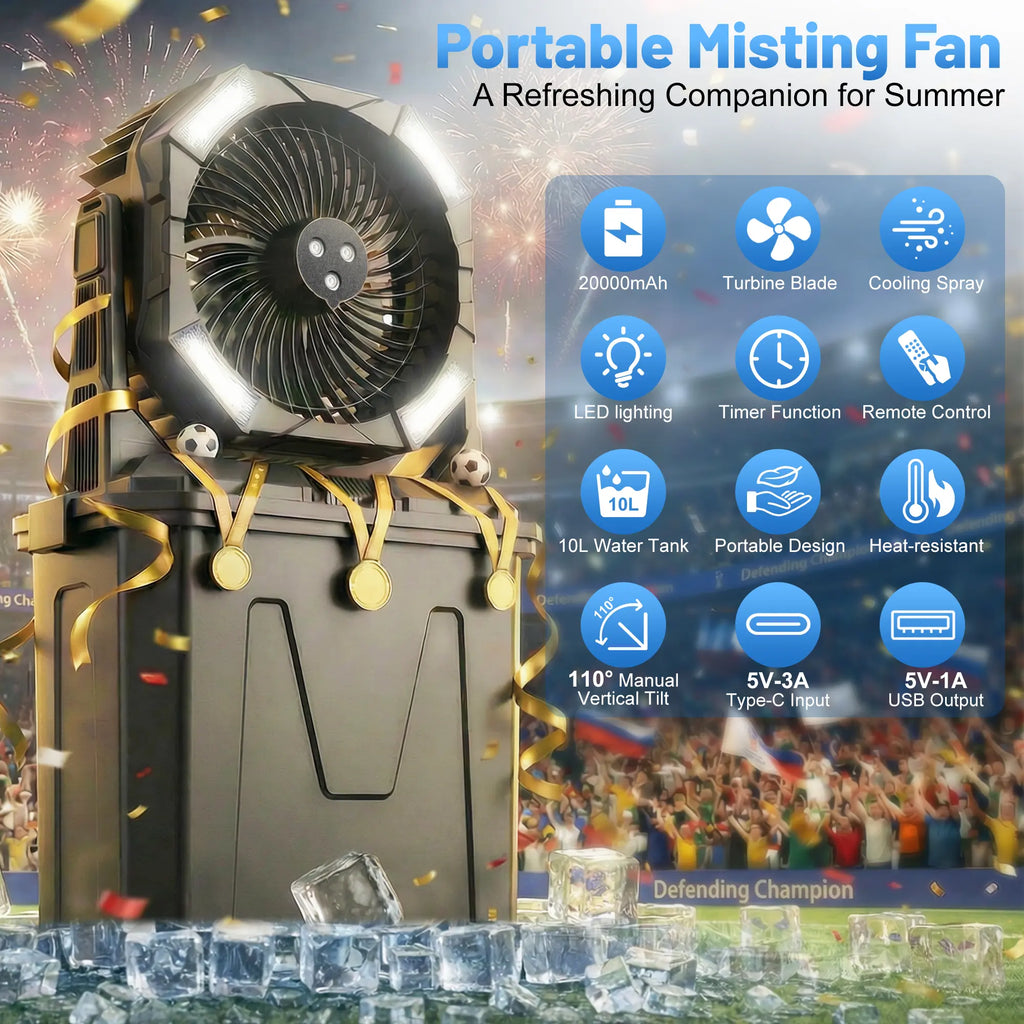 2026 New Portable Misting Fan, 20000Mah Rechargeable Cooling Fan with 10L Water Tank, 15-60H Runtime, 4.6M/S Strong Wind,4 Speeds & 4 Mist Levels, LED Light, Remote Control, Timer Function, Outdoor Fan for Camping, Beach, Patio