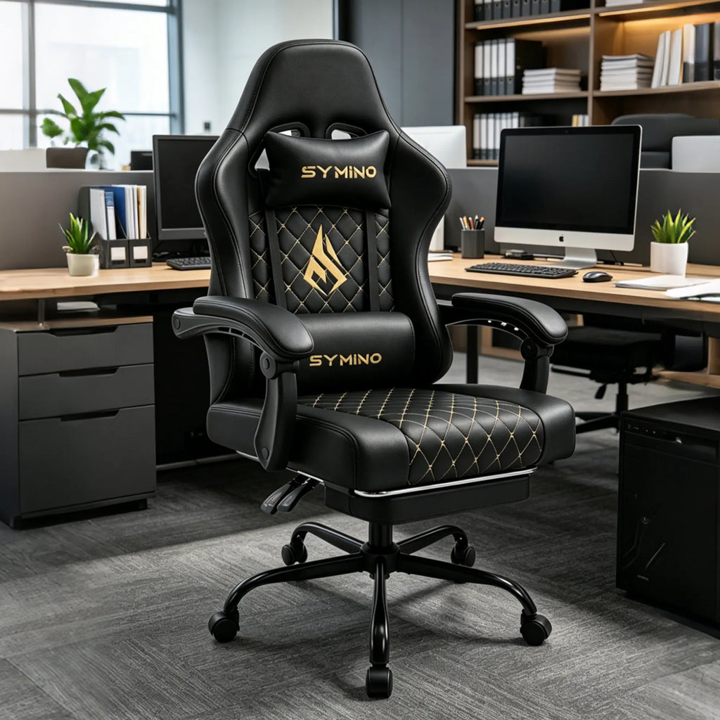 Symino Ergonomic Gamer Chair - PU Leather, Metal Frame, Rust-Resistant Build, Stable Metal Legs, Reclining Design, Adjustable Swivel Footrest, Rolling, Stress Relief & Relaxation for Gaming & Office Use, Gaming Chair, Swivel Base