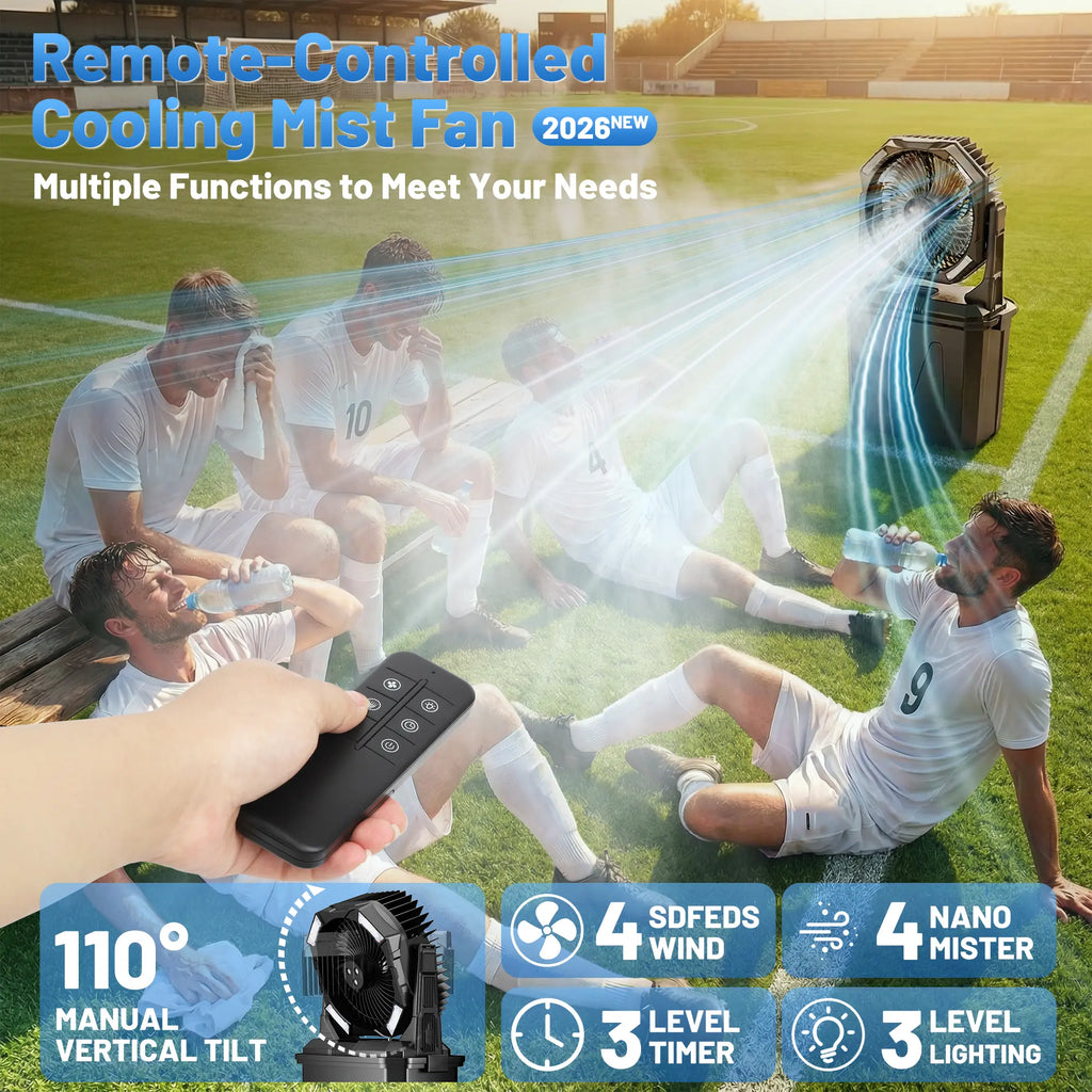 2026 New Portable Misting Fan, 20000Mah Rechargeable Cooling Fan with 10L Water Tank, 15-60H Runtime, 4.6M/S Strong Wind,4 Speeds & 4 Mist Levels, LED Light, Remote Control, Timer Function, Outdoor Fan for Camping, Beach, Patio