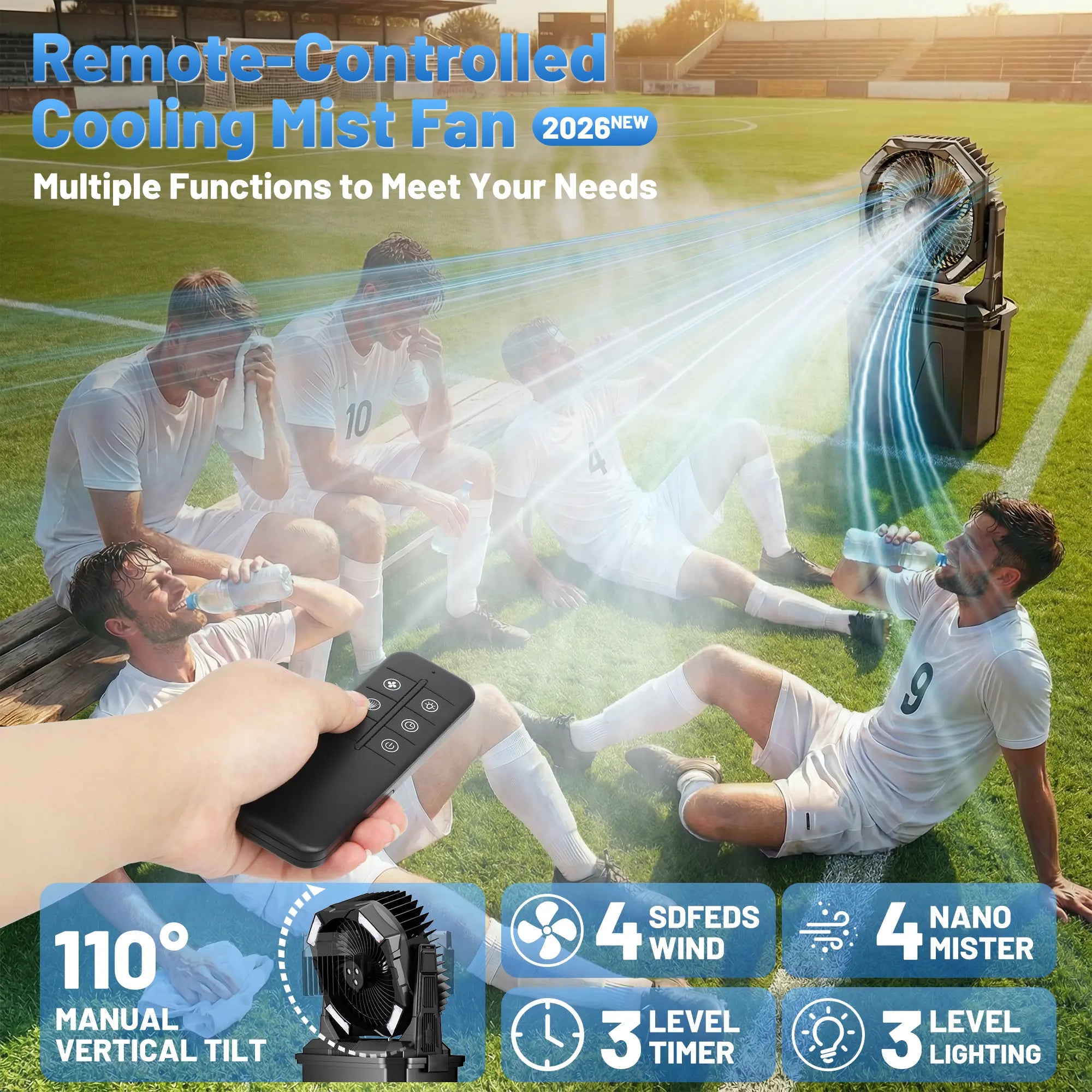 2026 New Portable Misting Fan, 20000Mah Rechargeable Cooling Fan with 10L Water Tank, 15-60H Runtime, 4.6M/S Strong Wind,4 Speeds & 4 Mist Levels, LED Light, Remote Control, Timer Function, Outdoor Fan for Camping, Beach, Patio