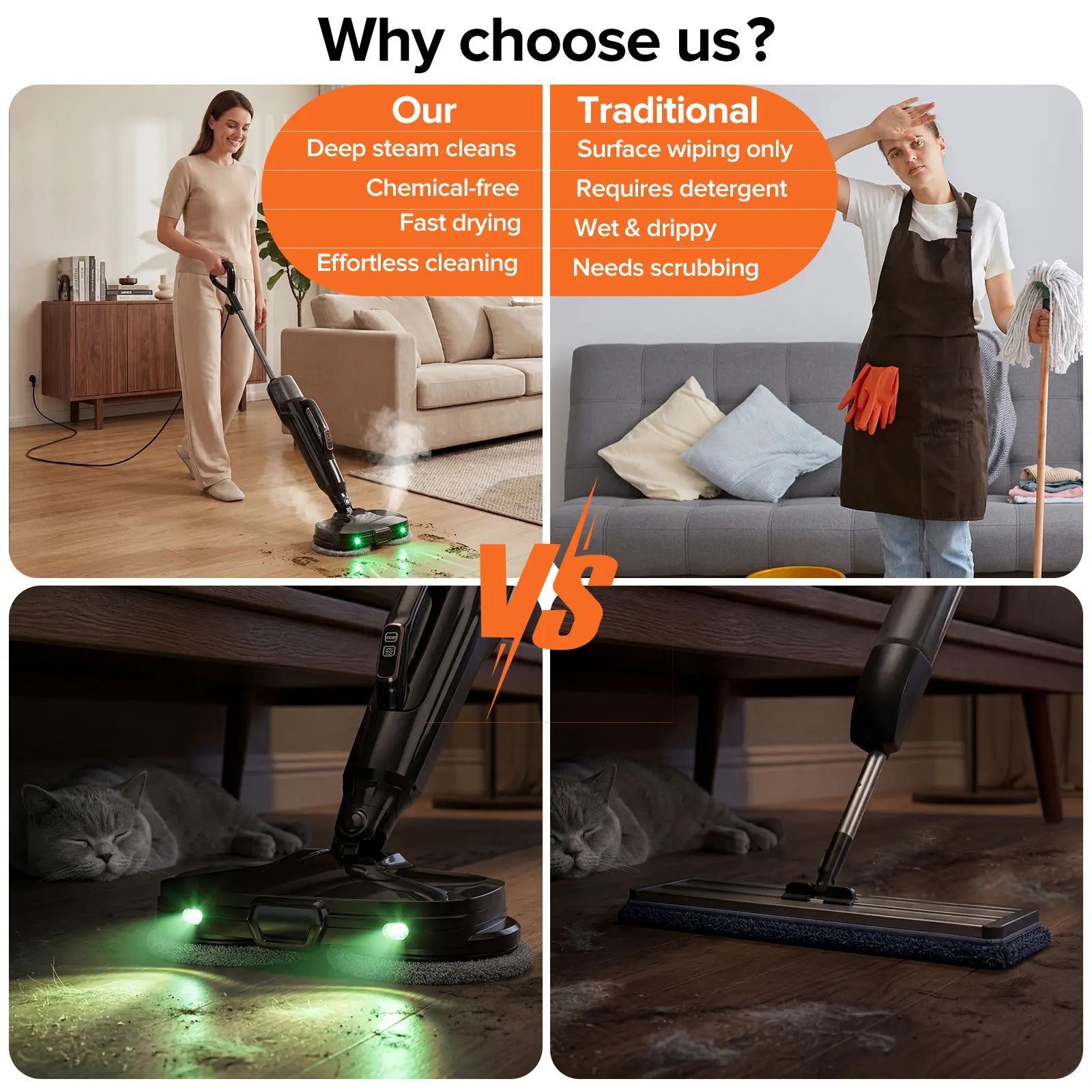 Steam Mop for Floors Steam & Scrub Electric Rotating Steam Mop Cleaner, Multi-Function Steam Cleaner for House, Detachable Handheld, 3 Modes, LED Light, 500Ml Tank,Dorm Essentials,Home Essentials