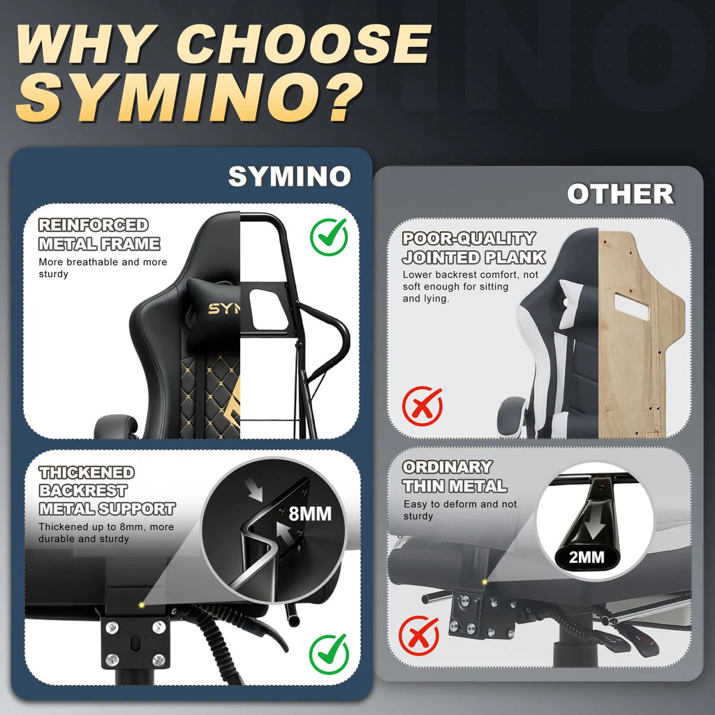 Symino Ergonomic Gamer Chair - PU Leather, Metal Frame, Rust-Resistant Build, Stable Metal Legs, Reclining Design, Adjustable Swivel Footrest, Rolling, Stress Relief & Relaxation for Gaming & Office Use, Gaming Chair, Swivel Base