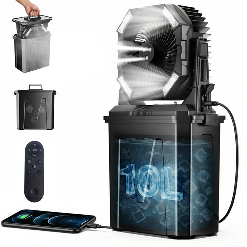 2026 New Portable Misting Fan, 20000Mah Rechargeable Cooling Fan with 10L Water Tank, 15-60H Runtime, 4.6M/S Strong Wind,4 Speeds & 4 Mist Levels, LED Light, Remote Control, Timer Function, Outdoor Fan for Camping, Beach, Patio