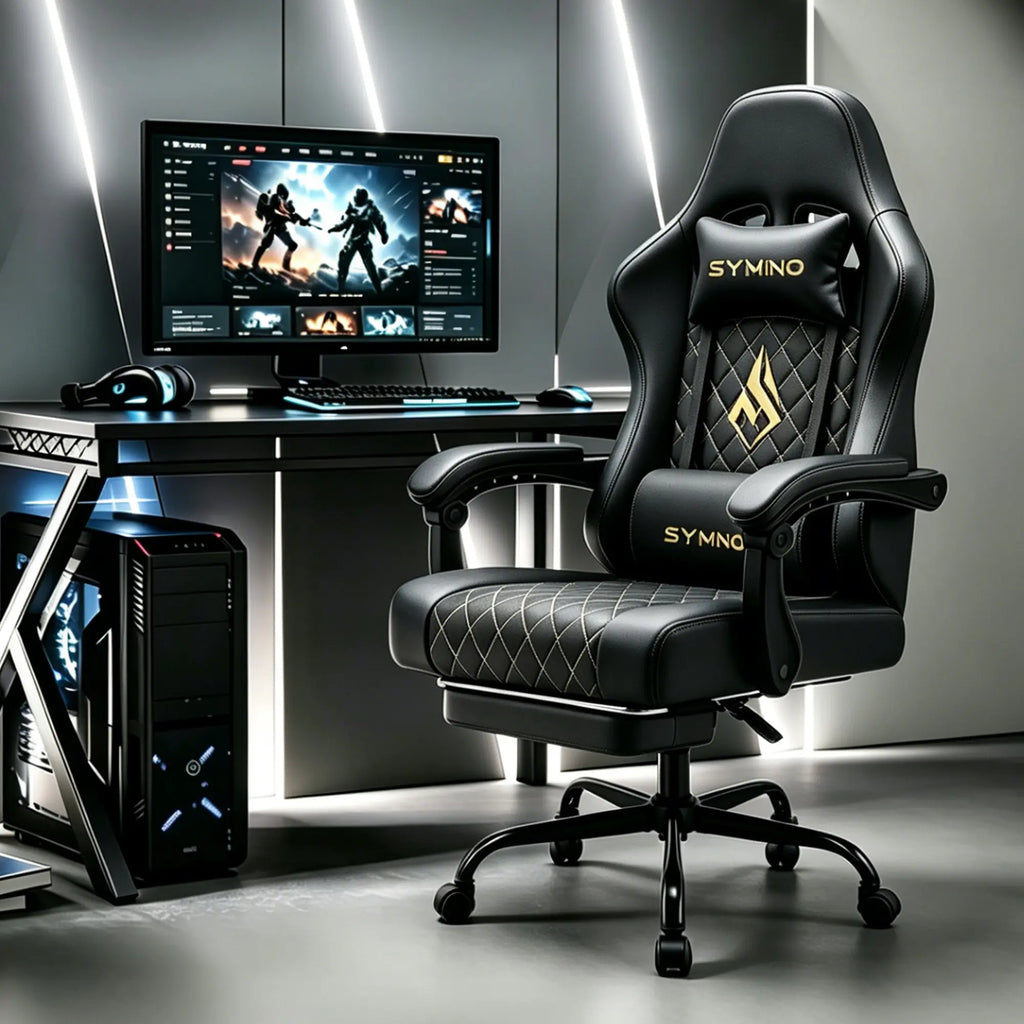 Symino Ergonomic Gamer Chair - PU Leather, Metal Frame, Rust-Resistant Build, Stable Metal Legs, Reclining Design, Adjustable Swivel Footrest, Rolling, Stress Relief & Relaxation for Gaming & Office Use, Gaming Chair, Swivel Base